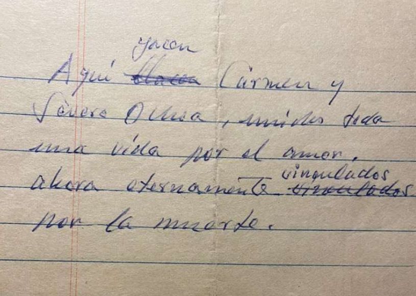 El manuscrito de Severo Ochoa con el epitafio que quería que apareciese en su sepultura y la de su esposa.