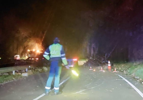 Un agente de la Guardia Civil, en el lugar donde se produjo el argayo.