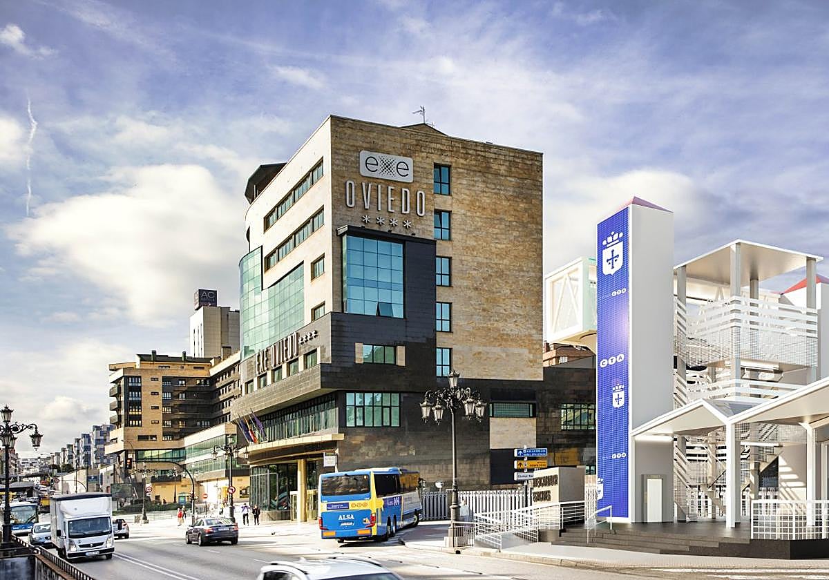 Infografía de la pasarela para conectar las estaciones de tren y autobuses de Oviedo.