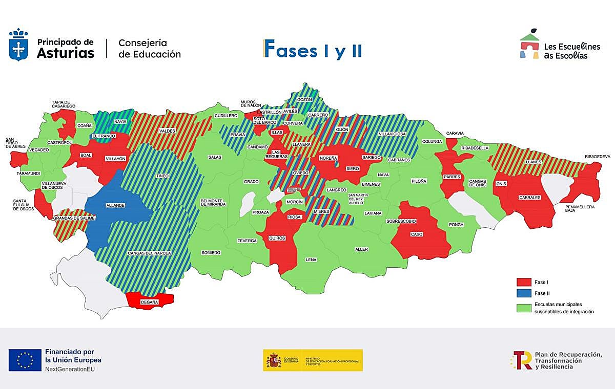 Mapa de Asturias que muestra las dos fases de implantación de Les Escuelines.