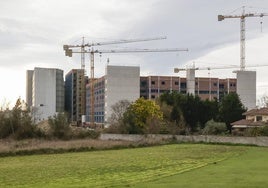 Estado actual de las obras de ampliación del Hospital de Cabueñes con el nuevo edificio que se estaba construyendo para duplicar la superficie actual del complejo sanitario y que ya alcanzó la altura máxima.