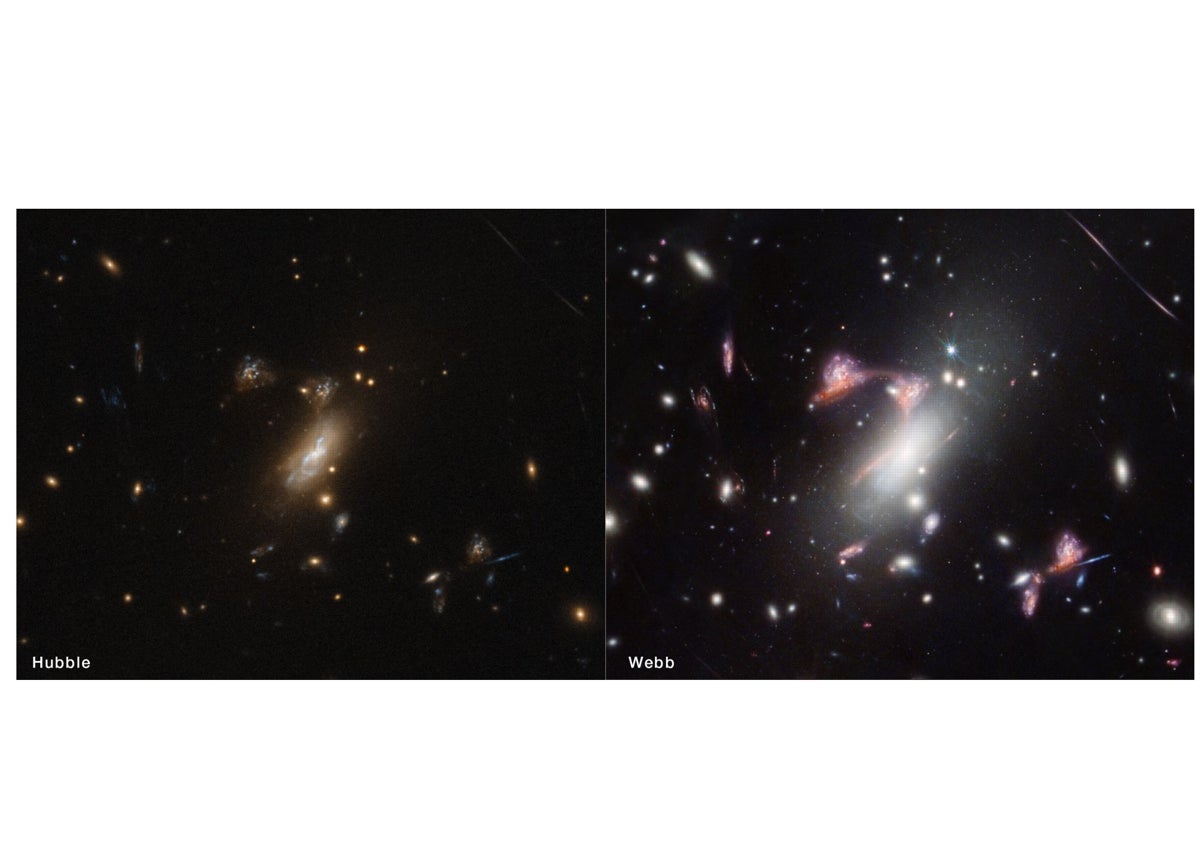 Imagen secundaria 1 - En la primera foto, comparación entre una imagen obtenida por el James Webb y otra del Hubble de la Galaxia del Sombrero. En la segunda, comparación entre imágenes logradas por ambos telescopios espaciales de un clúster de galaxias. Y en la tercera, como rectas rojizas, las líneas de difracción dobles son visibles en esta imagen de la galaxia NGC 7469 obtenida por el James Webb. 