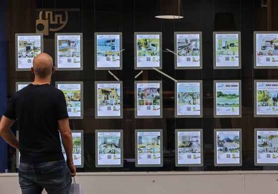 Un hombre consulta los anuncios de vivienda en una inmobiliaria de Avilés.