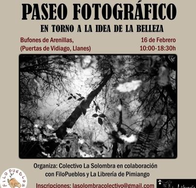 Cartel promocional del paseo senderista filosófico-fotográfico que organiza el Colectivo la Solombra junto con Filopueblos y la Libreria de Pimiango en Llanes