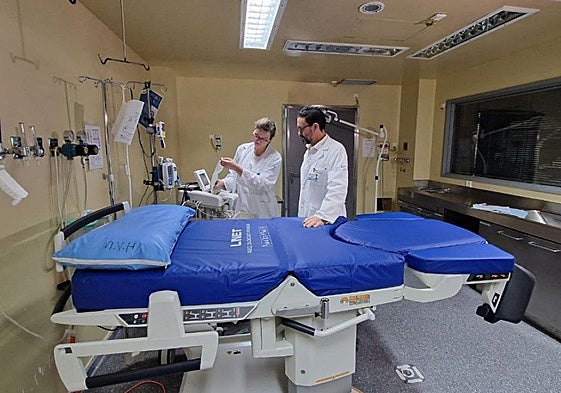 La ginecóloga del Hospital Valle del Nalón, Delmina Rodríguez, y el jefe del servicio de Ginecología, Alejandro González, en uno de los paritorios del centro hospitalario.