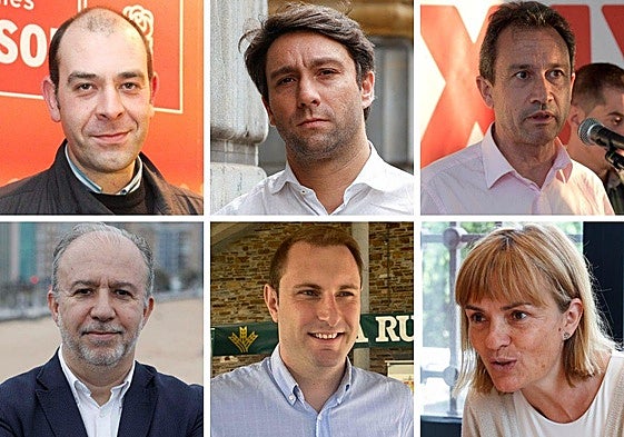 Arriba, Luis Fernández Huerga (PSOE), Andrés Ruiz (PP) y Ovidio Zapico (IU); abajo, Gonzalo Centeno (Vox), Adrián Pumares (Foro), Covadonga Tomé (Grupo Mixto).