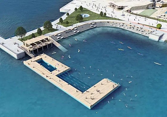 Infografía de la plataforma flotante destinada a actividades lúdicas y deportivas en O Parrote, en La Coruña, que El Musel quiere replicar en Gijón.