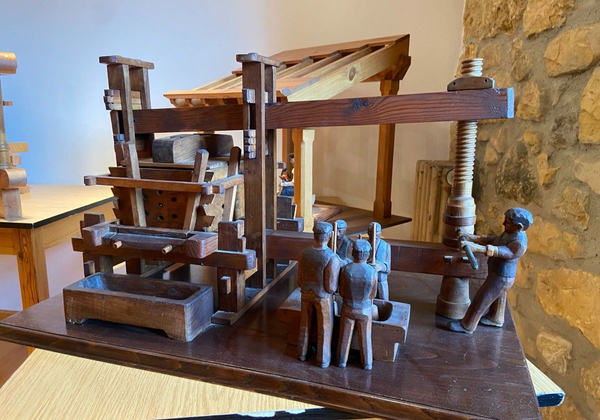 Imagen principal - En la primera imagen, maqueta de un llagar de sobigañu cedida a El Prial por un artesano local ya fallecido. En la segunda imagen, la casona cuando era colegio de las Carmelitas. En la tercera, varios de los promotores de El Prial, en el andamio, durante las obras de arreglo de la fachada para su inauguración, en 1975.