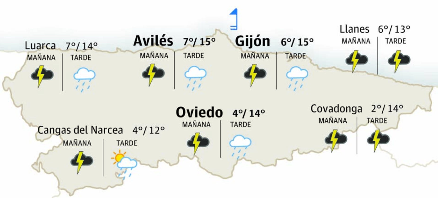Mapa del tiempo en Asturias.