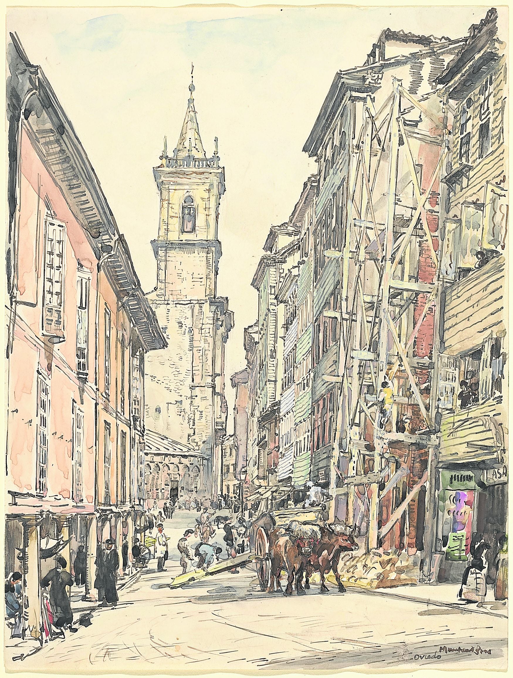 Uno de los dibujos coloreados con acuarela de Muirhead Bone que se conserva en la Galería Nacional de Washington.