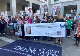 Los familiares de varios jóvenes que han sufrido las peores consecuencias del acoso escolar, ayer, ante la Consejería de Educación.