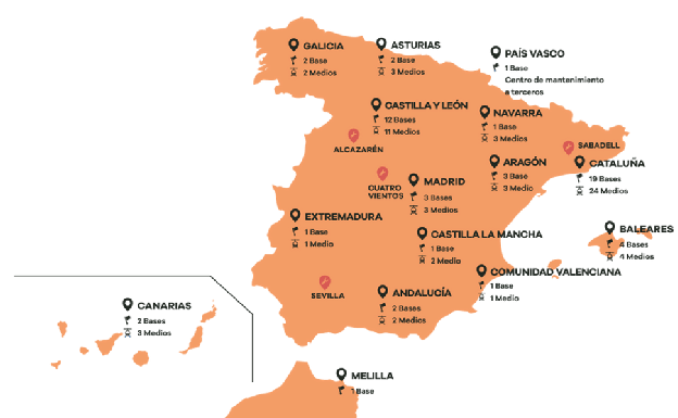 Bases y medios desplegados por Eliance en España, según publica en su página web.
