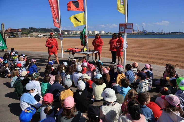 Alumnos participantes en el taller de salvamento marítimo del proyecto 'Swimsafe' que se celebró en la playa del Arbeyal
