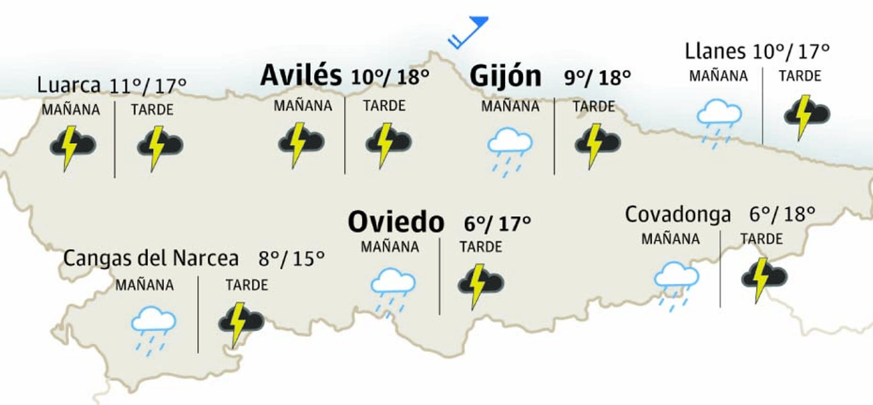 Mapa del tiempo en Asturias.