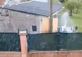Captura de un vídeo en el que de ve al 'vecino rabioso' echando agua desde el otro lado del muro de separación.