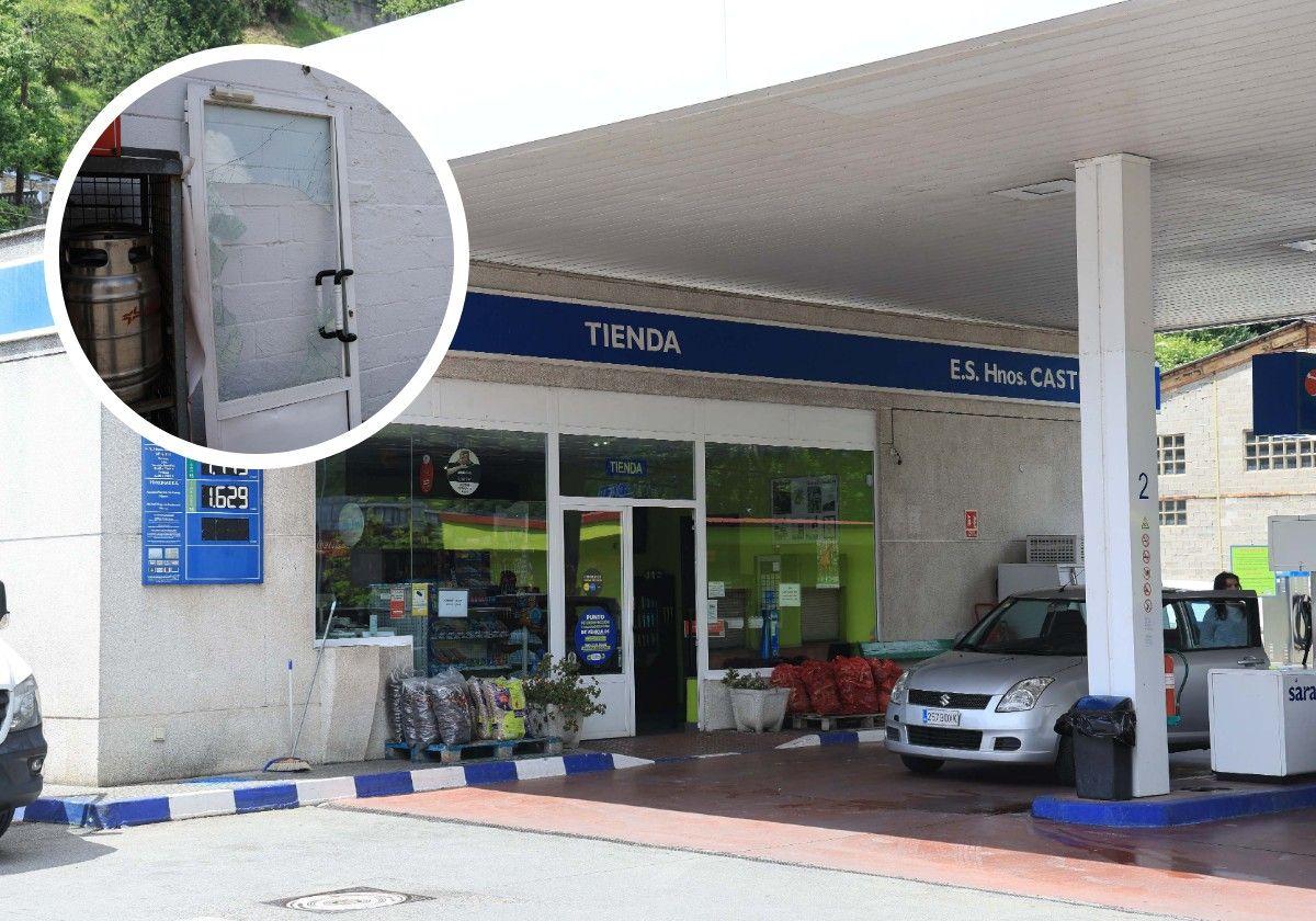 Los delincuentes reventaron la puerta de esta gasolinera de Mieres, como se puede ver en la imagen.