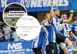 Isi Ros celebra uno de los goles. En los círculos, los comentarios que Bizarrap le dedicó al Real Avilés durante el partido.