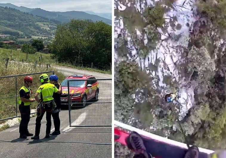 La joven, con parte del equipo de Bomberos de Cantabria y, a la derecha, la operación de rescate con grúa desde el helicóptero.