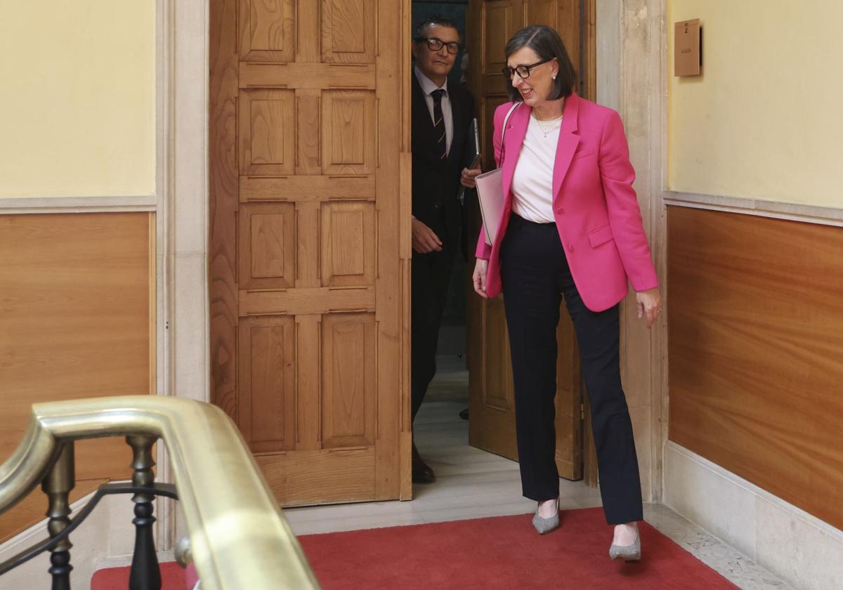 Nieves Roqueñí y José Luis Barettino, en el Ayuntamiento, a su salida de la primera reunión sobre la cesión de la franja del pasado 27 de mayo.