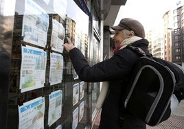 Una ciudadana consulta los anuncios de alquiler de viviendas de una inmobiliaria de Asturias.