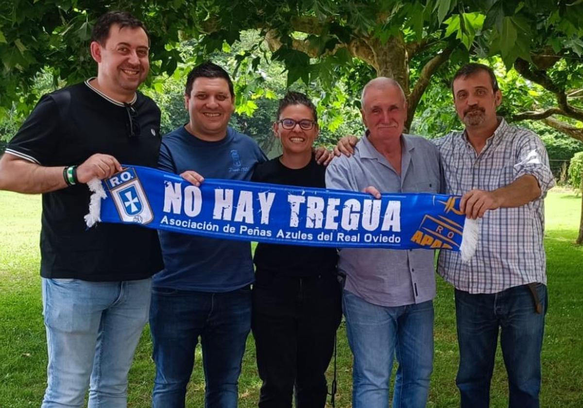 Miguel Vicente, Javier Pérez, María Joglar, Miguel Fernánez y Hugo López son los presidentes de la Aparo en los últimos 20 años protagonistas de la historia del Real Oviedo.