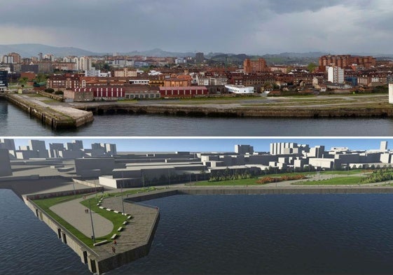 Montaje con la imagen actual que presenta la parcela de Naval Gijón y la recreación del proyecto de adecuación que se ejecutará a partir de agosto.