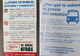 Los folletos de PSOE y Foro sobre la subida del precio del autobús en Gijón.