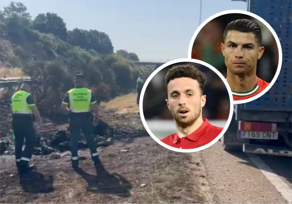Restos del accidente en el que falleció Diogo Jota (en el círculo) y su hermano André Silva. Cristiado Ronaldo (en el segundo círculo) ha lamentado profundamente el trágico suceso.