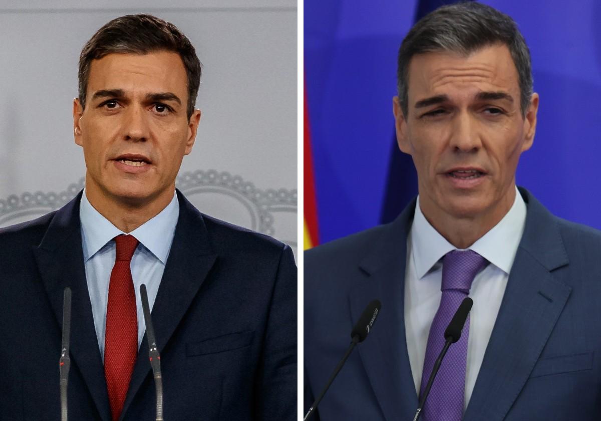 A la izquierda, Pedro Sánchez en noviembre de 2018, unos meses después de asumir la Presidencia del Gobierno; a la derecha, este lunes, durante su rueda de prensa de cierre del curso político.