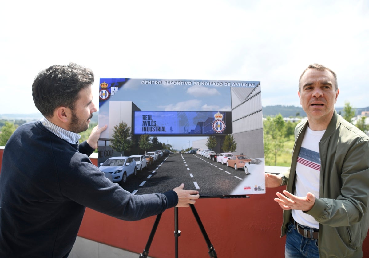 Diego Baeza e Iván Fernández, en la presentación de la nueva ciudad deportiva del Real Avilés en Truyés.