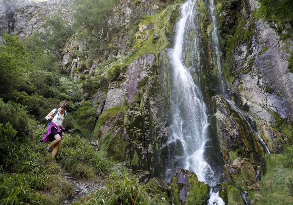 Una turista, en la senda junto al Tabayón de Mongayo, en el Parque Natural de Redes.