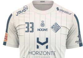 Boceto de la camiseta que vestirá el Horizonte Atlética de balonmano la próxima temporada, con el escudo del Real Avilés en el centro.