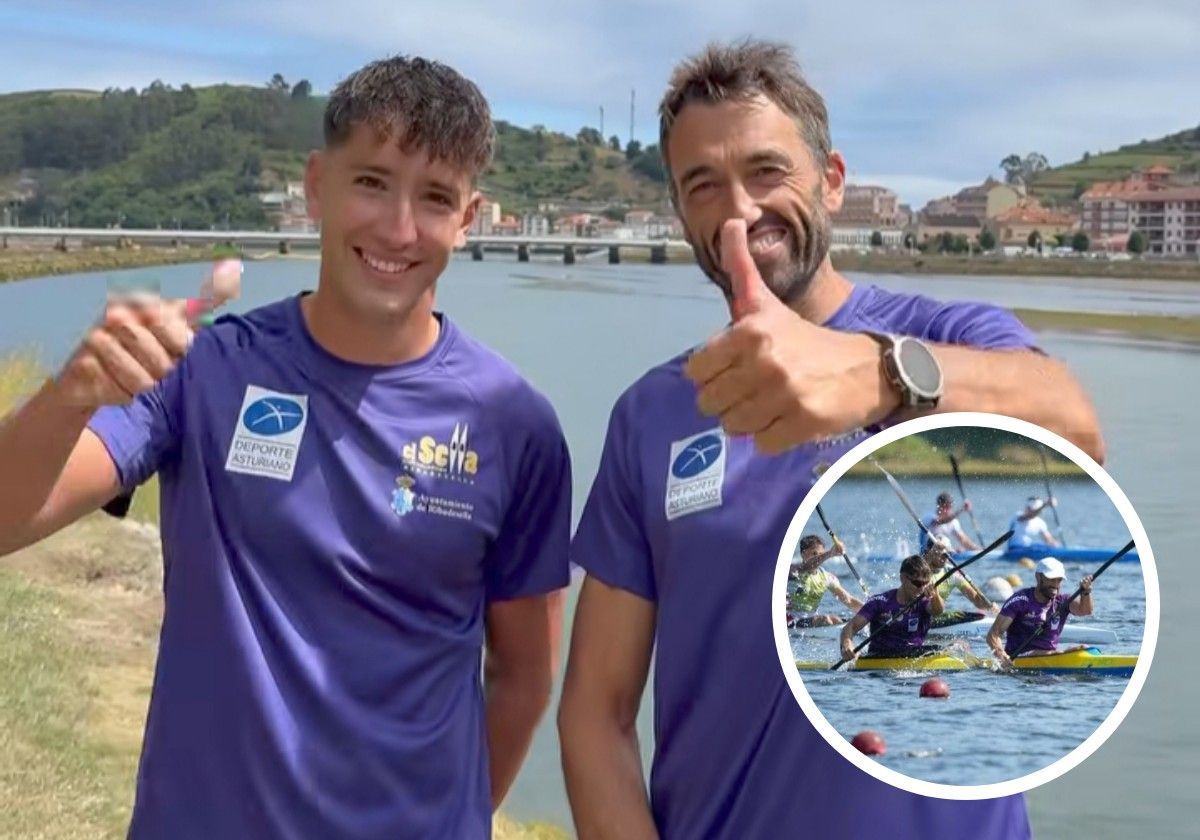 Llera y Bouzán posan con el puente de Ribadesella al fondo; abajo a la derecha, Llera y Bouzán, en el Campeonato de España, donde se hicieron con el oro en K2 1000 metros.