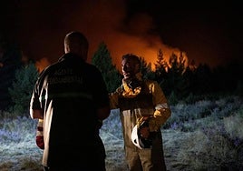 Varios bomberos forestales tratan de extinguir el fuego en León.