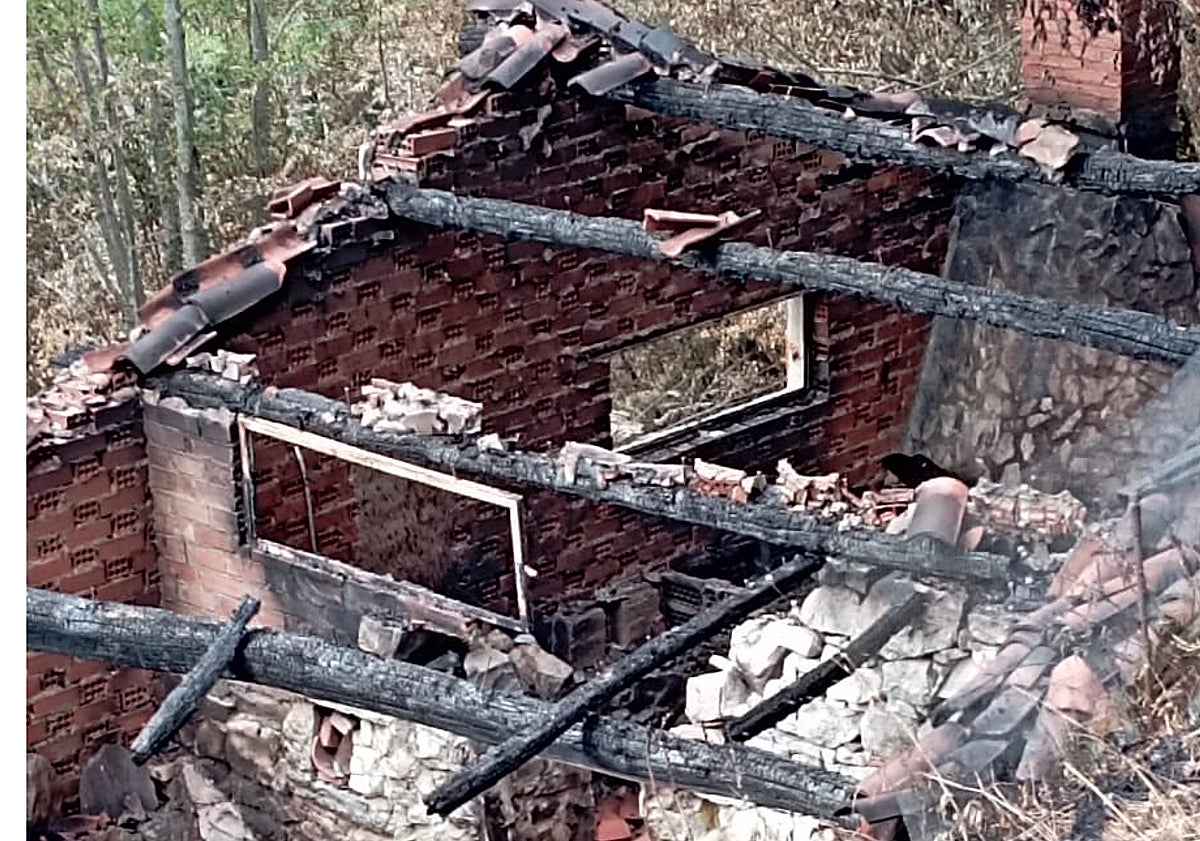 Imagen principal - Una cabaña en el Parque de Redes (Caso), una colmena en Villarín de Limés y bolas de silo en Fonceca (Cangas del Narcea), totalmente calcinadas por el fuego.