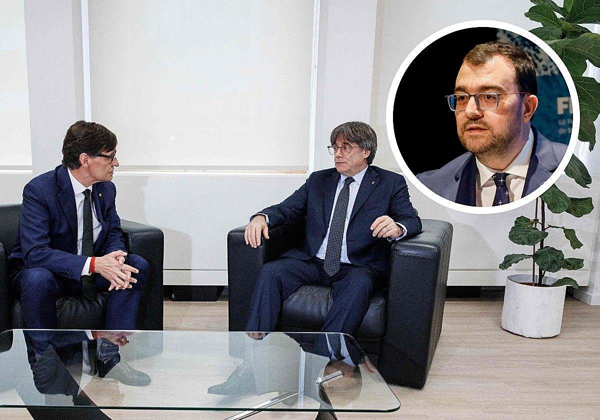 Salvador Illa y Carles Puigdemont, durante la reunión que ambos mantuvieron en martes. En el círculo, el presidente asturiano, Adrián Barbón.