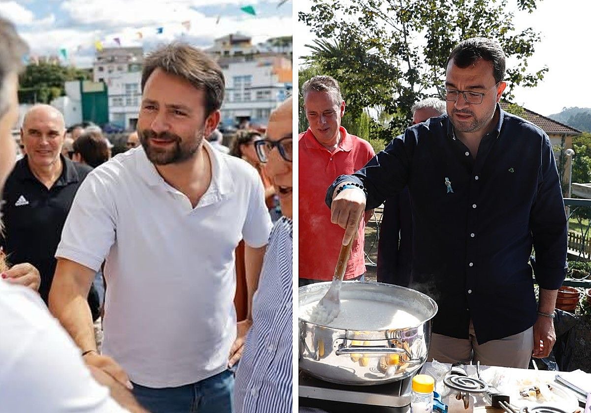 Álvaro Queipo, presidente del PP, en las fiestas de Puerto Vega, en Navia; y Adrián Barbón, presidente del Principado, removiendo arroz con leche en Cabranes.