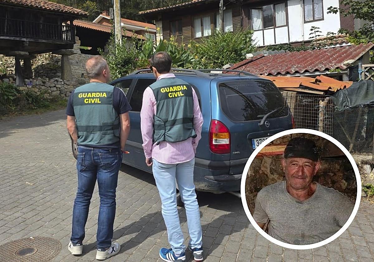 Dos agentes apostados ante la vivienda donde tuvo lugar el crimen. En el círculo, Antonio Otero Toraño.