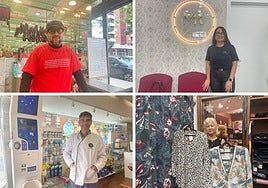 Emilio Rodríguez en su carnicería; la estilista Mar Silva; Francisco Castrillón en su farmacia; y Tere Fernández en su tienda de moda.