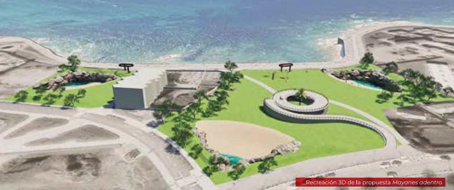 Plantea tres playas verdes interiores con entrada y salida de agua de mar en ciclos naturales, un edificio mirador, sombra y arbolado. (7.530.