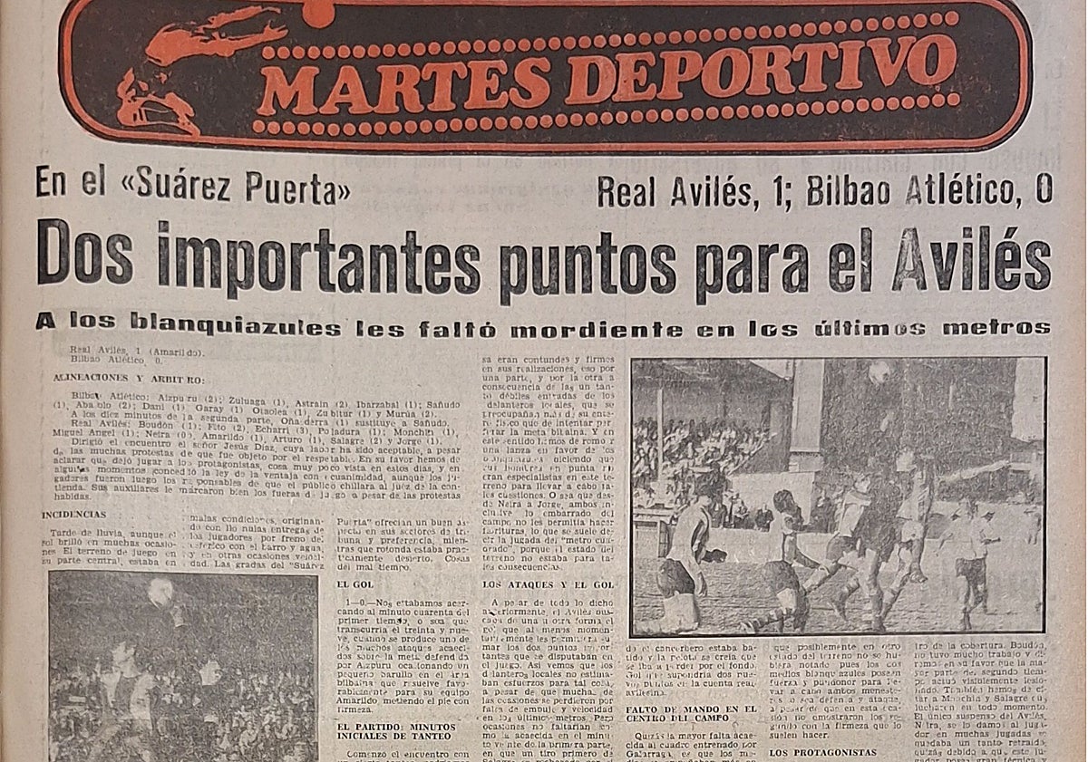 Imagen principal - Crónica de Romero en LA VOZ DE AVILÉS del duelo entre ambos equipos el 9 de enero de 1972, foto del partido y clasificación del grupo de Tercera División.