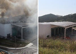'Plantona' de Cogersa cuando sufrió el incendio en abril de 2024 y hace unas semanas, a punto de ser reconstruida.