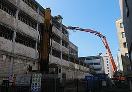 Derribo de una de las fachadas de la nave de Flex, en La Calzada.