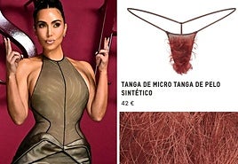 A la izquierda, Kim Kardashian. A la derecha, uno de los doce colores en los que se vende este tanga de pelo.