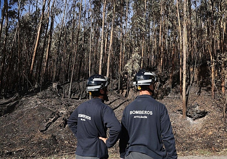 Dos bomberos, este viernes, en la zona del Viso, en el Monte Areo.
