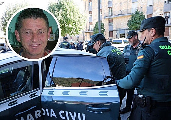 La Guardia Civil custodia al detenido en Laviana tras prestar declaración en el juzgado. En el destacado, el fallecido Cristino Prendes.