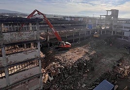 Aspecto que presentaban este miércoles las labores de derribo de la antigua nave de Flex en La Calzada (Gijón).
