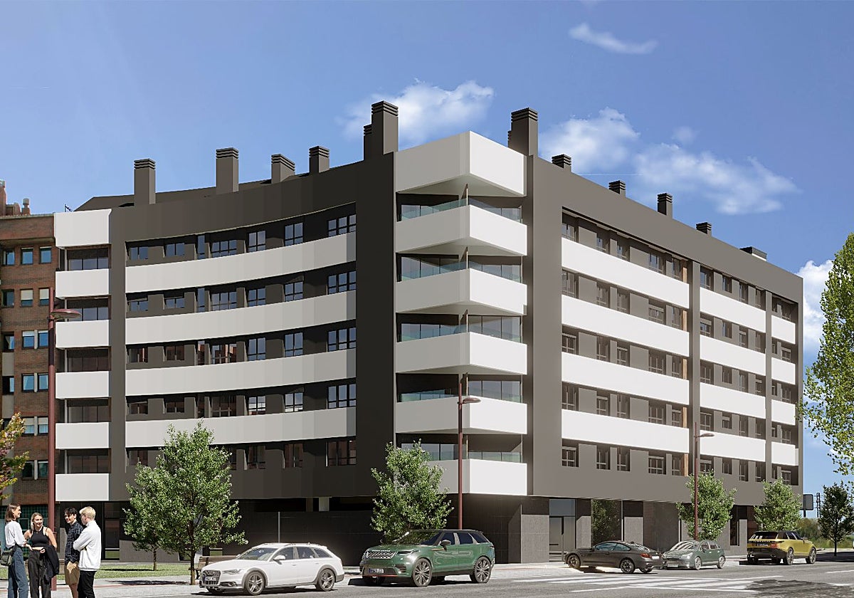 Recreación de Residencial Urano 2, una de las escasas promociones de vivienda protegida que se están construyendo en Gijón.