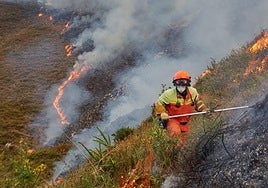 Un bombero trabaja en la extinción del incendio en Peñamellera Alta.