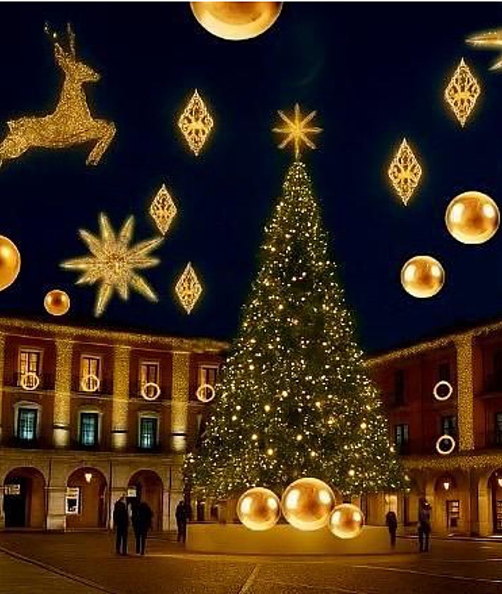 Imagen secundaria 2 - En las imágenes se puede ver la 'Estrellona' del Náutico, con los tres Reyes Magos; la plaza de Europa y la plaza Mayor con el arbolón y los renos suspendidos.